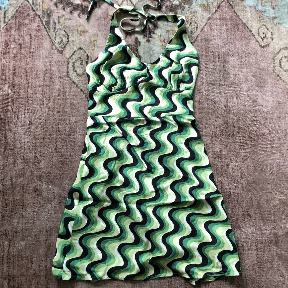 Hollister Green Squiggle Halter Dress Small NWT